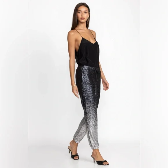 *JOHNNY WAS* Black x Silver Sequin Simona Jogger Pants Size Medium - Picture 3 of 11